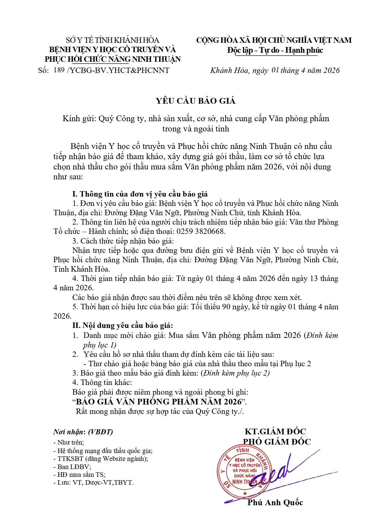 BỆNH VIỆN Y HỌC CỔ TRUYỀN VÀ PHỤC HỒI CHỨC NĂNG NINH THUẬN YÊU CẦU BÁO GIÁ